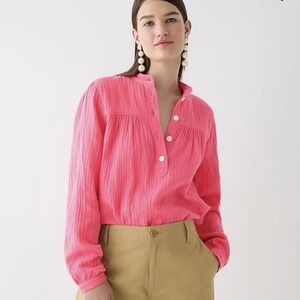 J. Crew Fresco Top‎ Pink Soft Gauze Long Sleeve 1/2 Button Popover Size SMALL